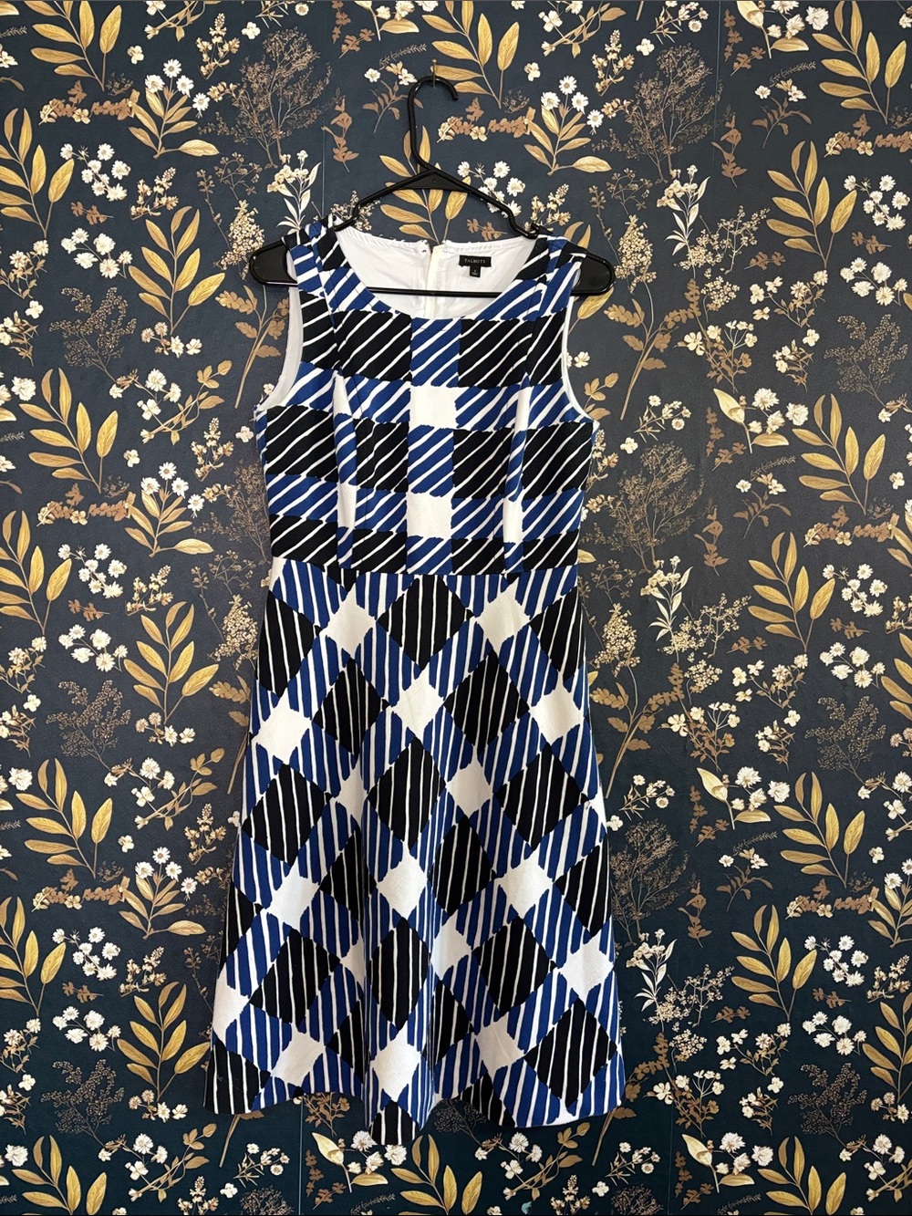 Talbots Blue Black and White Sleeveless Geometric Midi Fit & Flair Dress Size 2